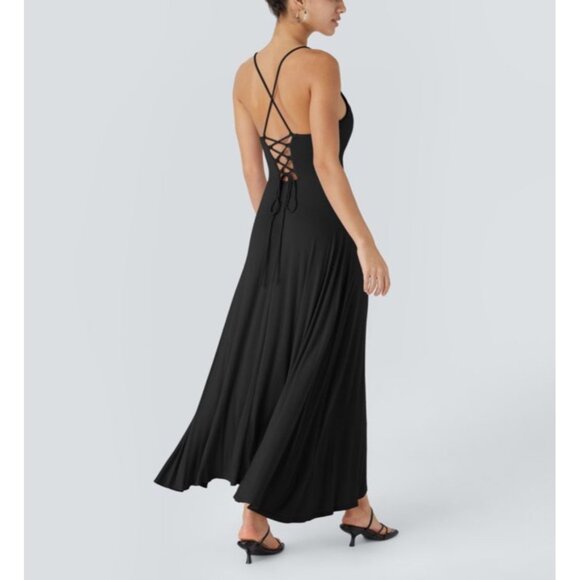 Halara Ribbed Cowl Neck Backless Crisscross Lace Up Split Midi Party Dress Sz Sm - Picture 3 of 14